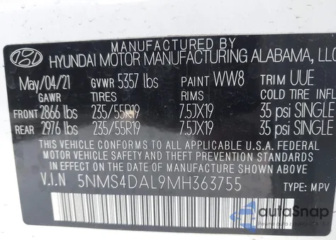 2021 Hyundai Santa Fe Limited из США, поврежденный, VIN 5NMS4DAL9MH363755